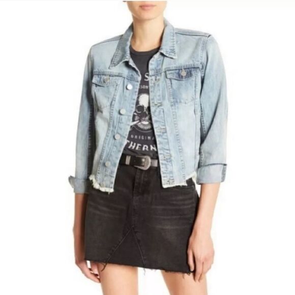 Blank NYC Raw Hem Cropped Distressed Denim Jacket Sz S - Picture 3 of 11
